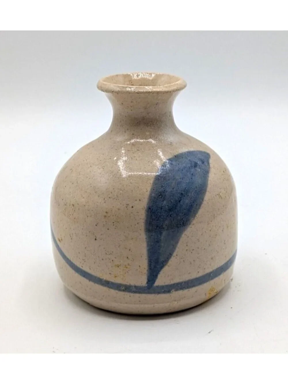 Pair Studio Art Pottery Bud Vase Blue Floral Design Signed Vintage 4